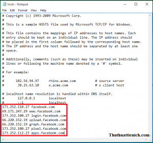 Thêm hosts Facebook vào cuối file hosts rồi lưu lại Thêm hosts Facebook vào cuối file hosts rồi lưu lại