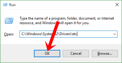 Nhập lệnh C:\Windows\System32\Drivers\etc vào khung Open rồi nhấn nút OK