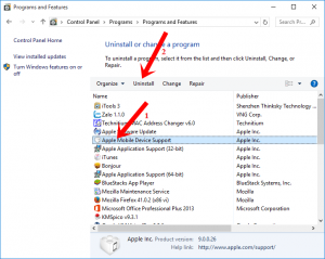 Chọn Apple Mobile Deviece support rồi nhấn nút Uninstall Chọn Apple Mobile Deviece support rồi nhấn nút Uninstall