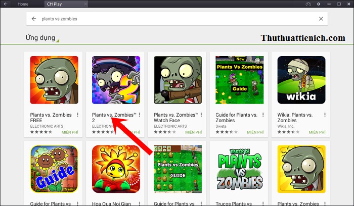 Chọn game Plants vs Zombies 2 trong kết quả tìm kiếm