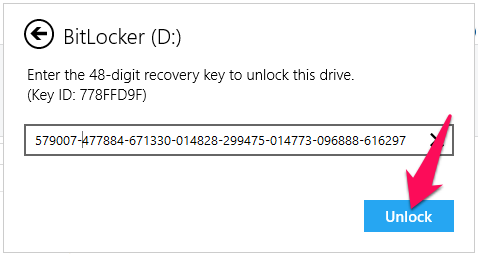 أدخل هذا المفتاح في مربع فتح BitLocker واضغط على زر فتح
