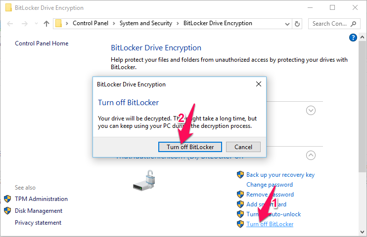 انقر فوق سطر إيقاف تشغيل BitLocker في قسم محرك الأقراص حيث تريد إيقاف تشغيل BitLocker.  تظهر نافذة تأكيد ، انقر فوق الزر إيقاف تشغيل Bitlocker.