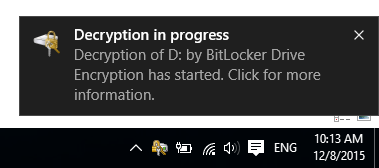 ابدأ عملية فك التشفير ، وإزالة مفتاح BitLocker