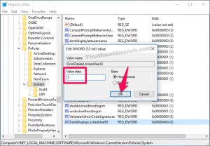 Nhấn đúp chuột vào giá trị DontDisplayLockedUserID vừa tạo, thay đổi giá trị trong phần Value data thành 3 rồi nhấn nút OK Nhấn đúp chuột vào giá trị DontDisplayLockedUserID vừa tạo, thay đổi giá trị trong phần Value data thành 3 rồi nhấn nút OK