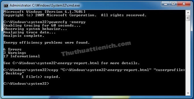 Nhập lệnh copy "C:\Windows\system32\energy-report.html" "%userprofile%/Desktop"