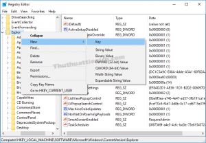 Nhấn chuột lên khóa Explorer chọn New -> Key Nhấn chuột lên khóa Explorer chọn New -> Key