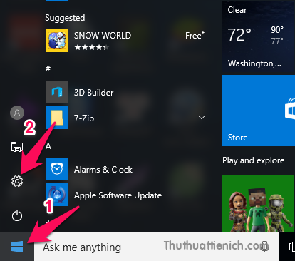 Nhấn nút Start menu hoặc nút Windows trên bàn phím chọn Settings (hình bánh xe)