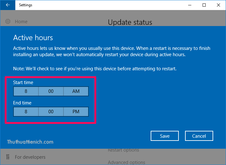 Thay đổi khoảng thời gian bạn muốn Windows không tự động khởi động lại trong ngày (tối đa 12 tiếng)