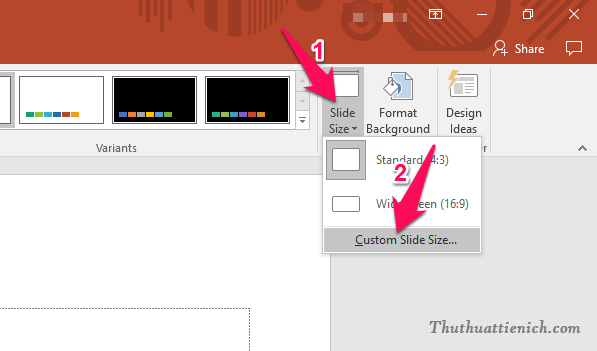 Chọn Design trên thanh công cụ, nhấn nút Slide Size sau đó chọn Custom Slide Size...
