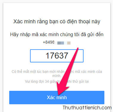 Nhập mã xác minh Yahoo gửi về điện thoại rồi nhấn nút Xác minh