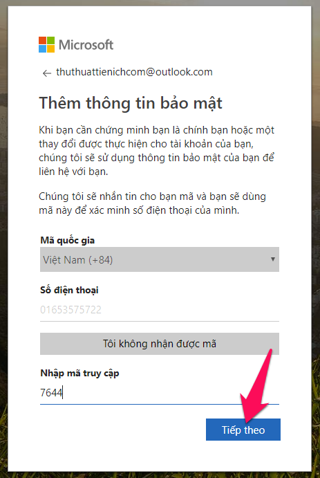 Xác minh số điện thoại (nếu được yêu cầu) rồi nhấn nút Tiếp theo