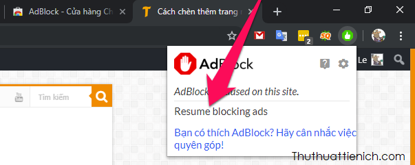 Khi bỏ chặn quảng cáo, biểu tượng AdBlock sẽ chuyển sang nút Like màu xanh