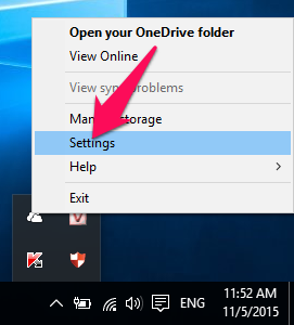 Nhấn chuột phải vào biểu tượng OneDrive dưới thanh taskbar chọn Settings