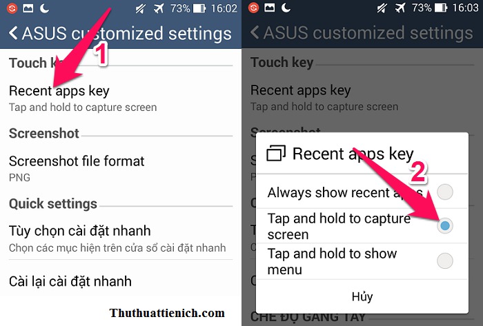 Chọn Recent apps key -> Tap and hold to capture screen