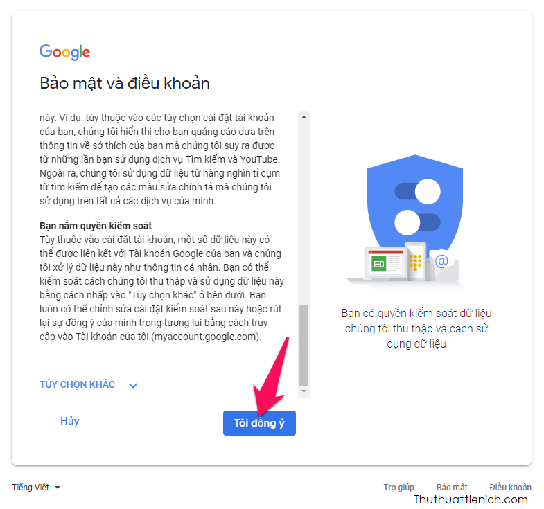Đọc Bảo mật và điều khoản, sau đó kéo xuống dưới cùng chọn Tôi đồng ý