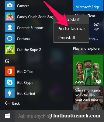 Kéo game ra ngoài màn hình desktop hoặc nhấn chuột phải vào game chọn Pin to taskbar để ghim vào taskbar