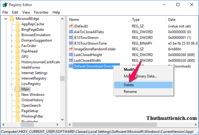 Nhấn chuột phải vào String vừa tạo ở trên (Default Download Directory) chọn Delete