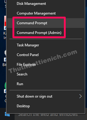 Nhấn tổ hợp phím Windows + X hoặc nhấn chuột phải lên nút Start menu sẽ có 2 lựa chọn mở Command Prompt