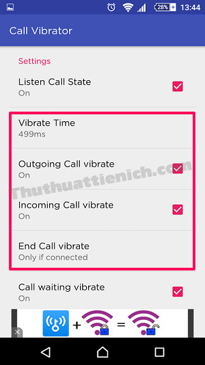 Cài đặt cho Call Vibrator (Lite)