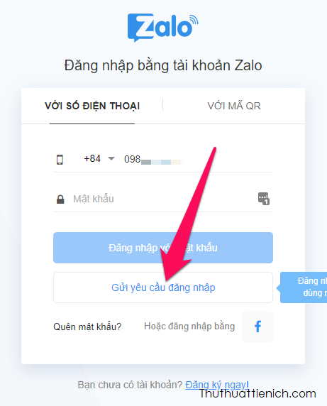 Tại màn hình đăng nhập Zalo PC, Zalo web, bạn nhập số điện thoại rồi nhấn nút Gửi yêu cầu đăng nhập
