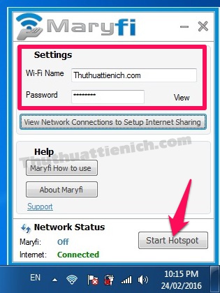 Nhập các thông tin về tên wifi, mật khẩu rồi nhấn nút Start Hotspot
