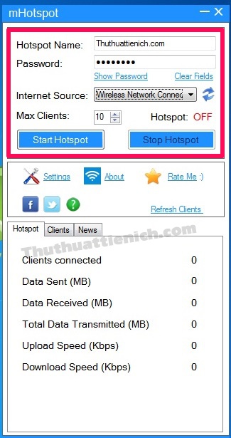 Nhập các thông tin cho điểm phát wifi rồi nhấn nút Start Hotspot