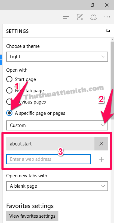 Chọn A specific page or pages -> Custom -> nhập trang chủ vào khung Enter a web address
