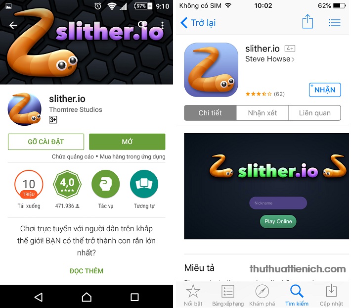 Game Slither.io trên 2 kho ứng dụng Google Play và App Store