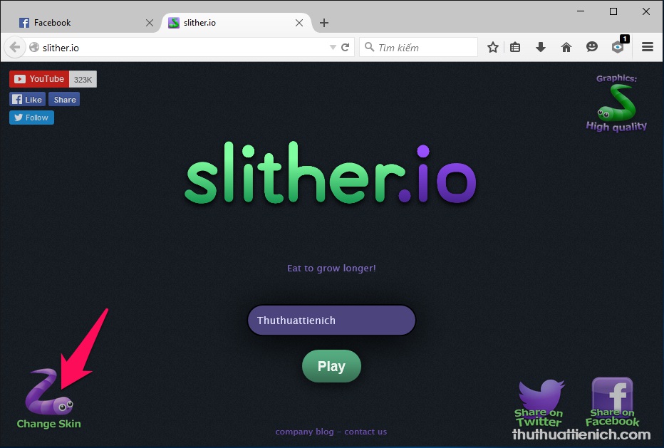 Lúc này quay lại Slither.io sẽ thấy có thêm nút Change Skin để thay đổi màu sắc