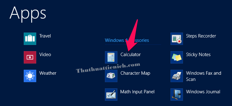 Nhấn nút Start menu, nhập lệnh calculator rồi chọn mở ứng dụng Calculator
