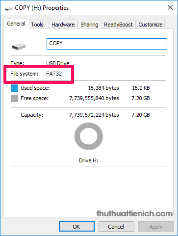 Nhấn chuột phải lên ổ đĩa chọn Properties -> xem định dạng trong phần File system