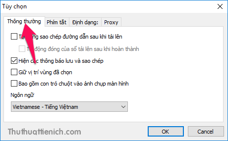 In the General tab you can change the language, set options like Auto copy path on upload, Include mouse pointer on screenshot... 