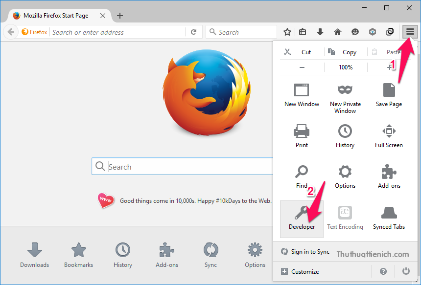 Nhấn vào nút menu (3 gạch ngang góc trên cùng bên phải của trình duyệt Firefox) chọn Developer