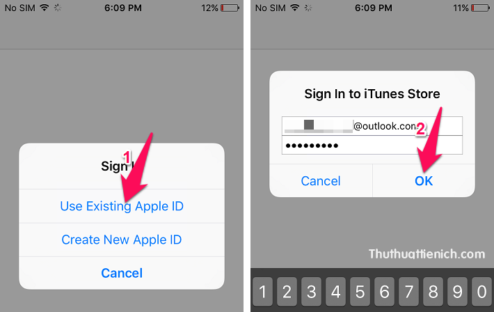 Chọn Use Exitsting Apple ID sau đó đăng nhập với tài khoản Apple ID US vừa tạo
