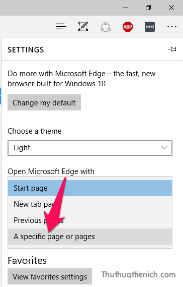 Nhấn khung bên dưới Open Microsoft Edge with chọn A specific page of pages