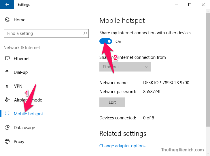 Bật điểm phát wifi trong phần Share my Internet connection with other devices