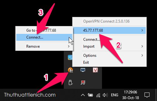 Sau khi cài đặt, chạy ứng dụng Open VPN. Nhấn chuột phải lên biểu tượng Open VPN dưới thanh taskbar, nhấn tiếp vào địa chỉ sever của bạn rồi chọ Connect...