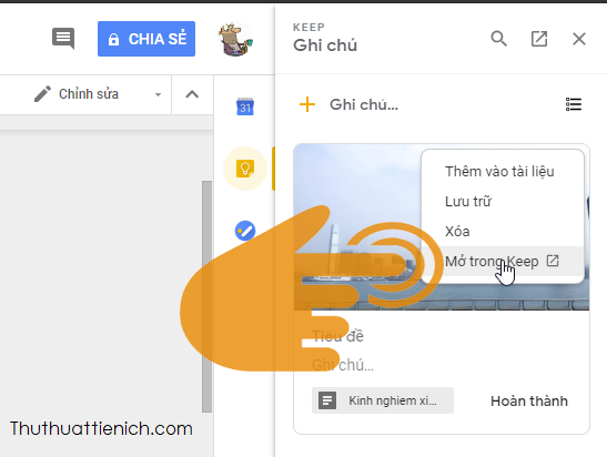 Lúc này, một khung ghi chú Keep sẽ xuất hiện bên phải cửa sổ Google Docs. Bạn nhấn chuột vào hình ảnh này, nhấn tiếp nút 3 chấm dọc  chọn Mở trong Keep