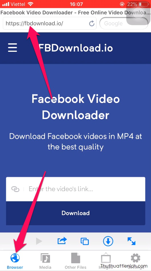 Mở ứng dụng vừa cài đặt, mở trang FBdownload.io bằng Browser của ứng dụng