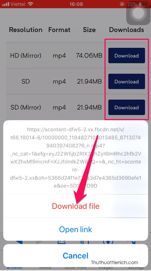 Chọn định dạng video muốn tải về, nhấn và giữ nút download bên phải định dạng đó chọn Download file