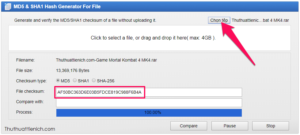 Nhấn nút Chọn tệp để chọn tập tin muốn check MD5 trên máy tính của bạn, lúc này website sẽ tự động check, MD5 sẽ hiển thị trong khung File checksum