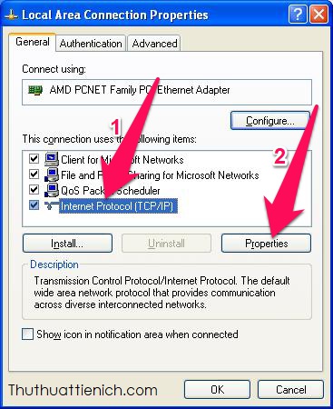 Trên Windows XP: Nhấn chọn Internet Protocol (TCP/IP) rồi nhấn nút Properties