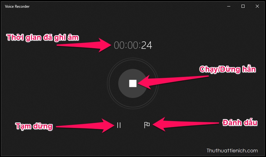 Ứng dụng Voice Recorder có giao diện rất đơn giản với nút Play/Stop (Chạy/dừng), Pause (Tạm dừng), Add a marker (Đánh dấu), thời gian đã ghi âm sẽ được hiển thị bên trên nút Play/Stop