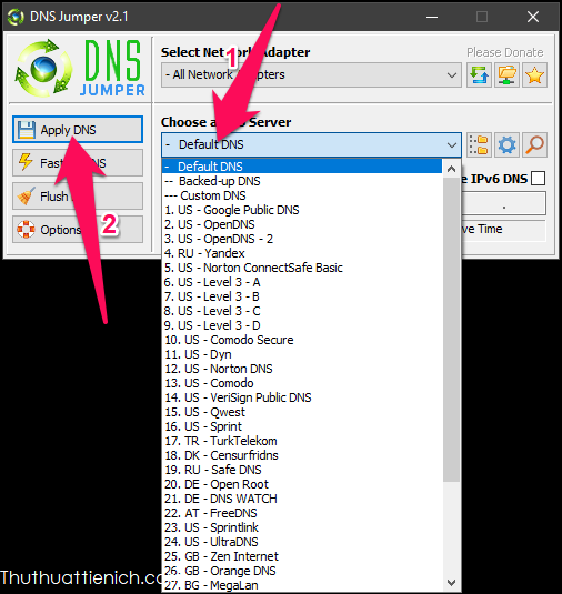 Chọn DNS trong phần Choose a DNS server, rồi nhấn nút Apply DNS