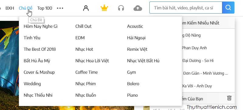 Tìm bài hát bạn muốn tải về, sử dụng khung tìm kiếm trên Nhaccuatui hoặc tìm theo các thể loại trên menu
