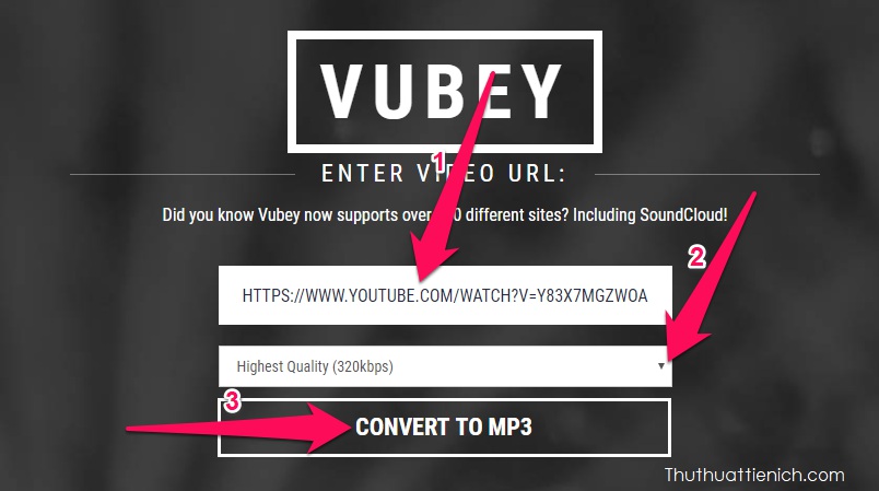 Dán link video youtube vào khung Video URL, chọn chất lượng nhạc tải về (cao nhất là 320 kbps và thấp nhất là 64 kbps) cuối cùng là nhấn nút Convert to Mp3