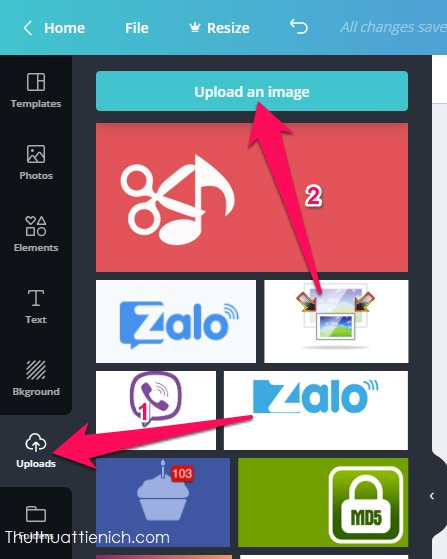 Nhấn nút Upload trong menu bên trái → Upload an image để tải lên hình ảnh bạn muốn ghép vào khung hình