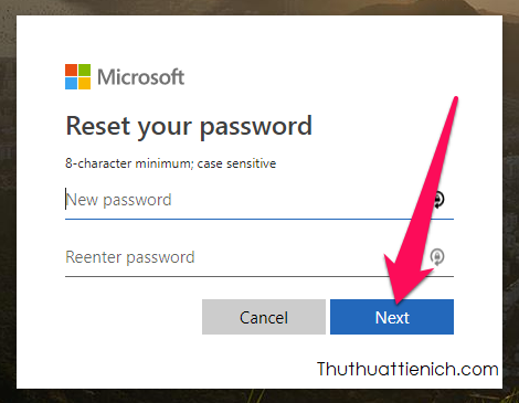 Nhập mật khẩu mới vào 2 khung New password và Reenter password rồi nhấn nút Next