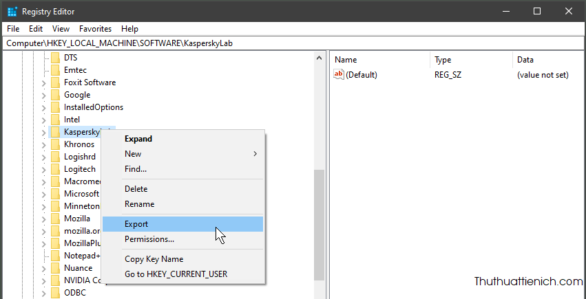 Mở Windows Registry, nhấn chuột phải lên key muốn sao lưu chọn Export