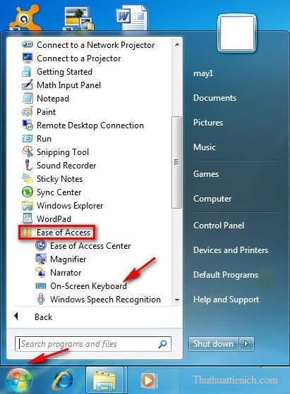 Nhấn nút Start (hoặc phím Windows trên bàn phím) chọn Programs → Accessories → Ease of Access → On-Screen Keyboard